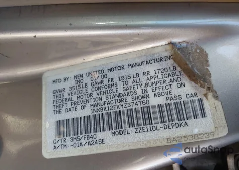 2000 Toyota Corolla Ce из США, поврежденный, VIN 1NXBR12EXYZ374760